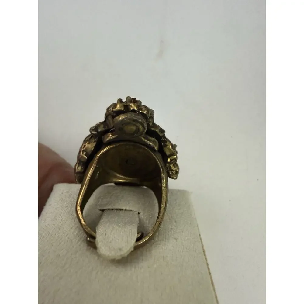 Vintage Gold Tone Purple Cabochon Green Rhinestone Ornate Statement Ring Size 6
